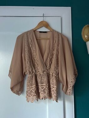 hazel Lace-Trim Wrap Blouse - Beige Blush
